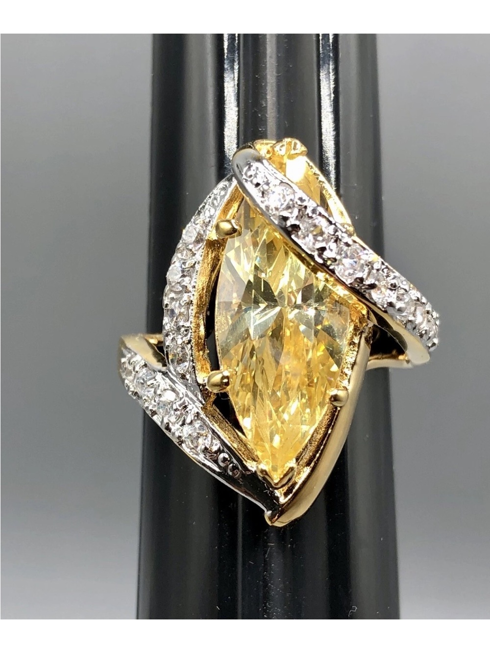 Gold Cocktail Ring with Yellow Marquise Stone and Pavé Accents
